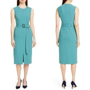 BOSS HUGO BOSS DADORIA GREEN SLEEVELESS BELTED SHEATH DRESS